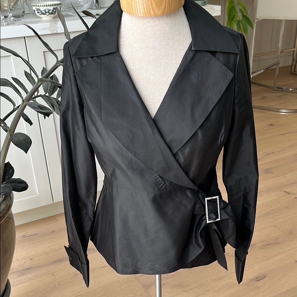 Elegant Talbots 100% silk Black Women's wrap blouse w square rhinestone buckle